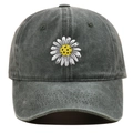 Detailed close-up of white daisy embroidery on vintage washed grey cotton baseball cap - Adjustable / Army Green