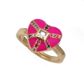 Macro shot of rose pink enamel heart ring with colorful stones and adjustable gold band - Adjustable Open / Magenta