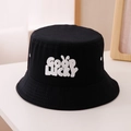 Close-up of black cotton bucket hat featuring white Good Lucky print with rabbit ears - 52cm (2-5 Years) / Black