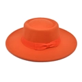 Classic orange wool felt boater hat with flat top and ribbon bow decoration for women - M (56-58cm) / Orange
