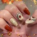 French almond press-on nails with autumn floral art and caramel orange finish - Autumn Orange Brown Leaf Style (CW819)
