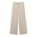 Women's beige wide-leg pants with side lace trim and drawstring waist design - Pants