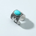 Vintage Silberring mit breitem Band und blauem Türkisstein im geflochtenen Design - Einstellbar Offen / Königsblau / Antiksilber