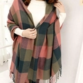 Cashmere-feel plaid scarf in dark green, navy blue, and pink with tassel edges - Dusty Pink Plaid