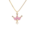 Modieuze vergulde ketting met kroonhanger, roze emaille en sprankelende kristallen top - Kroon / Roze