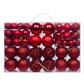 Red Christmas ball set with matte, glitter, and hollow designs in a clear storage box - 100pcs Pack / Red