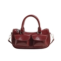 Retro dark red patent leather saddle bag with twin front pockets and silver hardware - Red