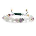 Detailed view of woven stone bracelet with green and purple natural chips and gold beads - Fluorite (FA0384)