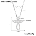Collar de acero de titanio plateado con cruz de alas de ángel y corazón de circón - Collar de Ala de Ángel / Color acero