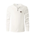 Detail of white waffle knit fabric and buttoned neckline on a long sleeve Henley shirt - Apricot