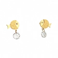 Golden frosted fish earrings with clear round crystal pendant on a white background - Gold