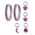 S925 silver earring set with pink zircon heart star moon and cross charms - Rose Red Zircon Silver