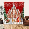 Detailed view of festive Christmas polyester curtains with Santa and reindeer prints - 24SD-2 (Gingerbread House & Santa) / 130*160CM
