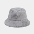 Detailed view of the soft grey plush texture and fine faux fur of this warm winter bucket hat - M (56-58cm) / Gray