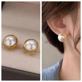 Elegant gold-plated titanium earrings featuring creamy round pearls for a classic look - 9# 12mm Large Stud