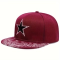 Detail of burgundy snapback hat featuring embroidered star and paisley printed brim - Adjustable / Star Embroidery/White Paisley Brim / Red
