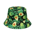 Black bucket hat with avocado and tropical leaf pattern shown on white background - Black Tropical Avocado Print (H)