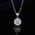 Macro shot of sparkling silver flower pendant necklace with central round brilliant zircon - Princess Round Bag Necklace Xl-71