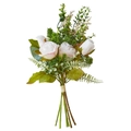 Artificial white rose bouquet with pink edges and green leaves for home decor - First Image Pink