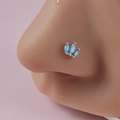 Turquoise L-shaped nose stud with three blue teardrop gems on silver metal base - Blue Three Water Drops