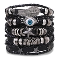 Detail of multi-layer leather bracelets with wing, blue eye, and star charms - Wings Blue Eye Star Set