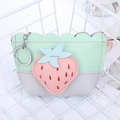 Cute strawberry coin purse in mint green PU leather with metal keychain in wire basket - Light Green