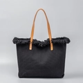 Large black canvas tote bag with fringed edges and brown leather handles for women - Black