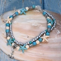 Double-layered beach anklet with turquoise beads, starfish and anchor pendants - Anchor