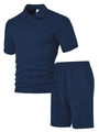 Men's navy blue jacquard polo set with geometric texture and matching shorts - S / Navy Blue
