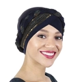 Detail of navy blue turban hat with sparkling gold sequin braid on white background - Navy Blue
