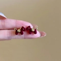 Close-up of deep red flocked puppy stud earrings with elegant gold metallic accents - 54# Silver Earring Post - Red - Pony