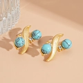 Detail of gold leaf earrings featuring turquoise beads and sparkling rhinestones - Blue Round Silver Pin Earrings
