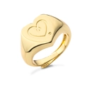 Detailed close-up of a high-polished golden heart-shaped signet ring with engraved contour - Adjustable Open / Gold Heart