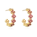 Luxurious gold C-shaped hoop earrings with red crystal clover flowers and mirror reflection - Gold Rose Red Zirconia