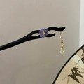Elegant black hair pin with matte purple flower and iridescent crystal drop charm - Purple Flower Hair Stick
