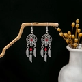 Bohemian dreamcatcher earrings with red rhinestones and silver feather charms - E5484 Red Rhinestone Dreamcatcher