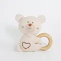 Handmade organic cotton knit bear rattle with natural wooden ring for baby sensory play - Bear Style Organic Cotton Wood Ring Rattle