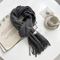 Dark grey soft scarf with fringe tassels and a minimalist brand label on white surface - Dark Gray