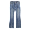 Women's mid-waist flared denim jeans in vintage blue wash on a clean white background - XS / Blue