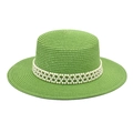 Detail of light green woven boater hat featuring elegant pearl mesh ribbon and fine texture - M (56-58cm) / Fruit Green