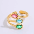 Multilayer gold stainless steel ring featuring oval pink blue and green gemstones - Three Colorful Stones Style (JZ23-1)
