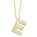Close-up of gold letter E necklace pendant with sparkling paved cubic zirconia stones - Gold-E
