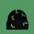 Black knitted beanie with vibrant green satin bows and wide folded cuff for women - One Size / Black/Green Bow