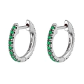 Detailed close-up of silver-tone hoop earrings with green zircon stones and 14K hallmark - Silver Green Gem