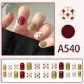 Short round press-on nails set featuring burgundy, mustard green, and floral patterns - Wine Red Mustard Green Floral Style (A540)