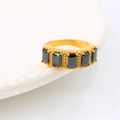 Detail of gold band ring featuring five rectangular black stones with beaded edges - Ck1454 - Black / Size 7