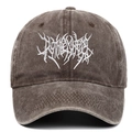 Detail of Gothic white embroidery on vintage washed brown street punk baseball cap - Adjustable / Coffee