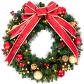 Ghirlanda natalizia innevata da 50cm con fiocchi rossi, palline d'oro e luci LED - Ghirlanda con Fiocco in Aghi di Pino da 60cm