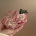 Detail view of handmade layered tulle flower earrings with delicate pink petals and green leaves - Pink Green Mesh Flower