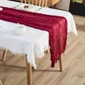 Elegant deep red wrinkled cheesecloth table runner with white tasseled waffle fabric - Wine Red